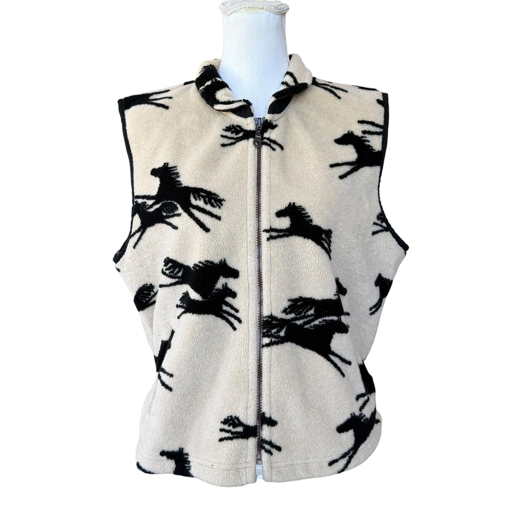 Tsunami Womens Horse Print Fleece Vest Cream Black Full Zip Equestrian Large